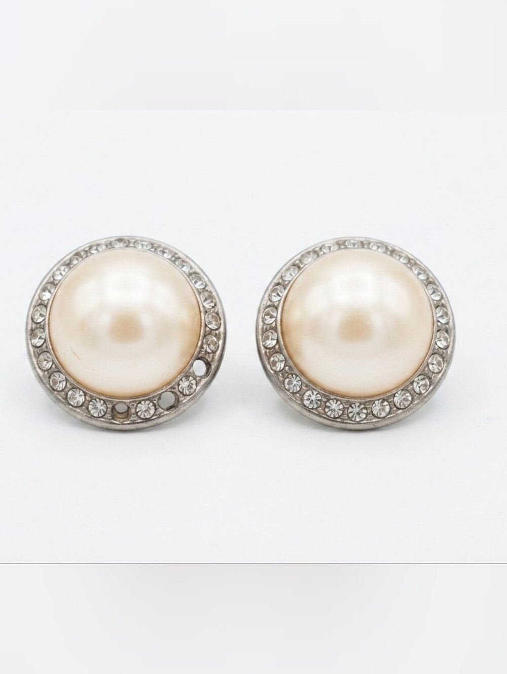 Vintage Faux Pearl Rhinestone Clip On Earrings Retro 1950s 1960s Costume Jewelry - Picture 1 of 8
